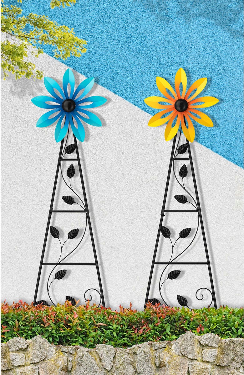 Glitzhome Set of 2 44"H Metal Blue & Yellowe Flower Wind Spinner Yardstakes, Alternate, color, Yellow
