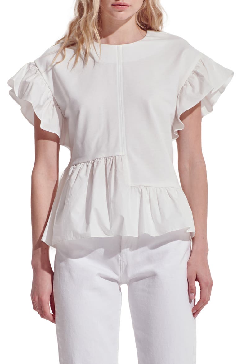 Flutter Sleeve Mixed Media Peplum Top, Main, color, WHITE