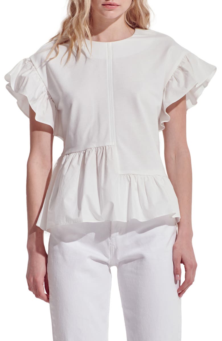 English Factory Flutter Sleeve Mixed Media Peplum Top, Main, color, White