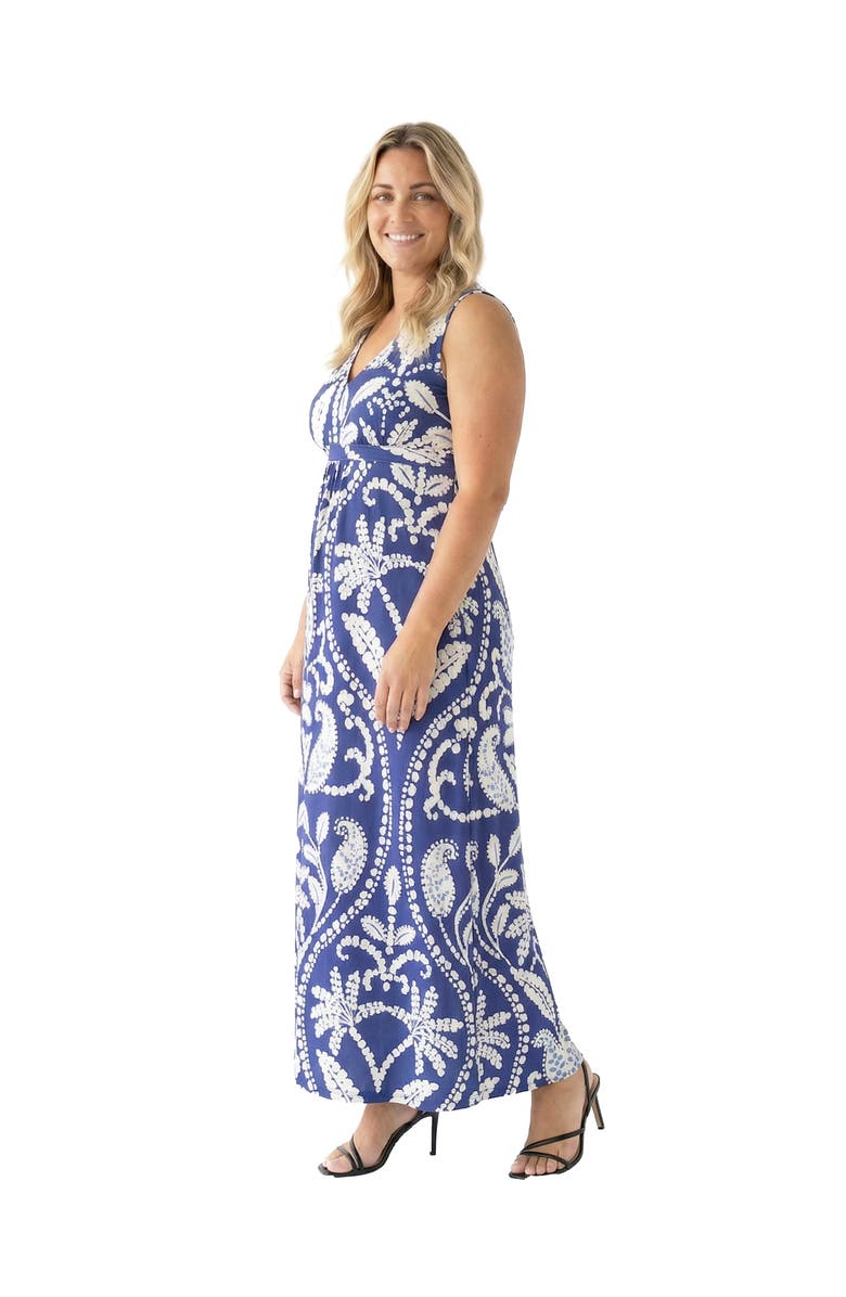 24seven Comfort Apparel Curvy Essential Paisley Print V-Neck Sleeveless Tie Back Empire Waist Maxi Dress, Alternate, color, Blue Multi