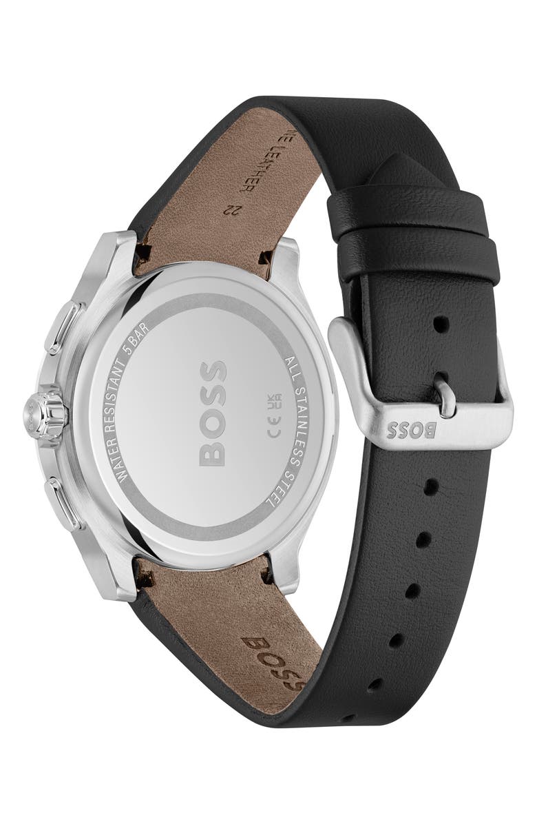 BOSS Peak 2.0 Chronograph Leather Strap Watch, 45mm, Alternate, color, Black