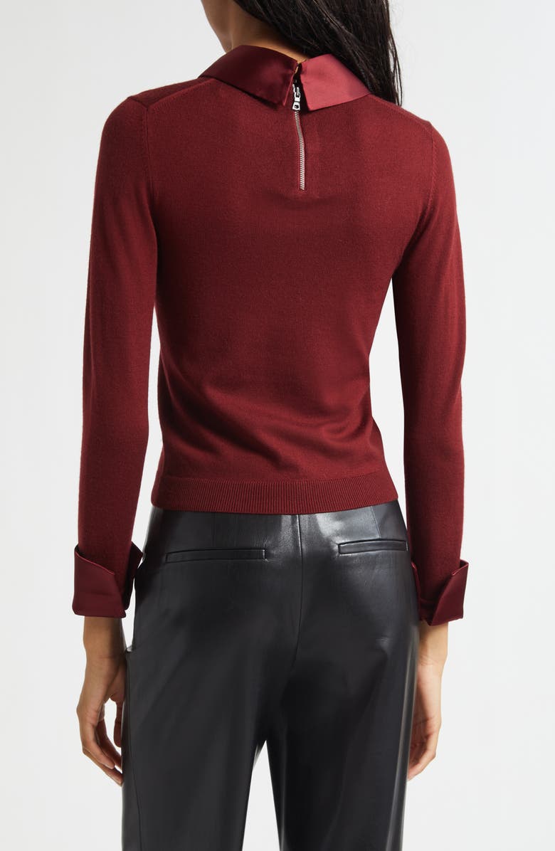Alice + Olivia Porla Collared Mixed Media Silk Sweater, Alternate, color, Oxblood