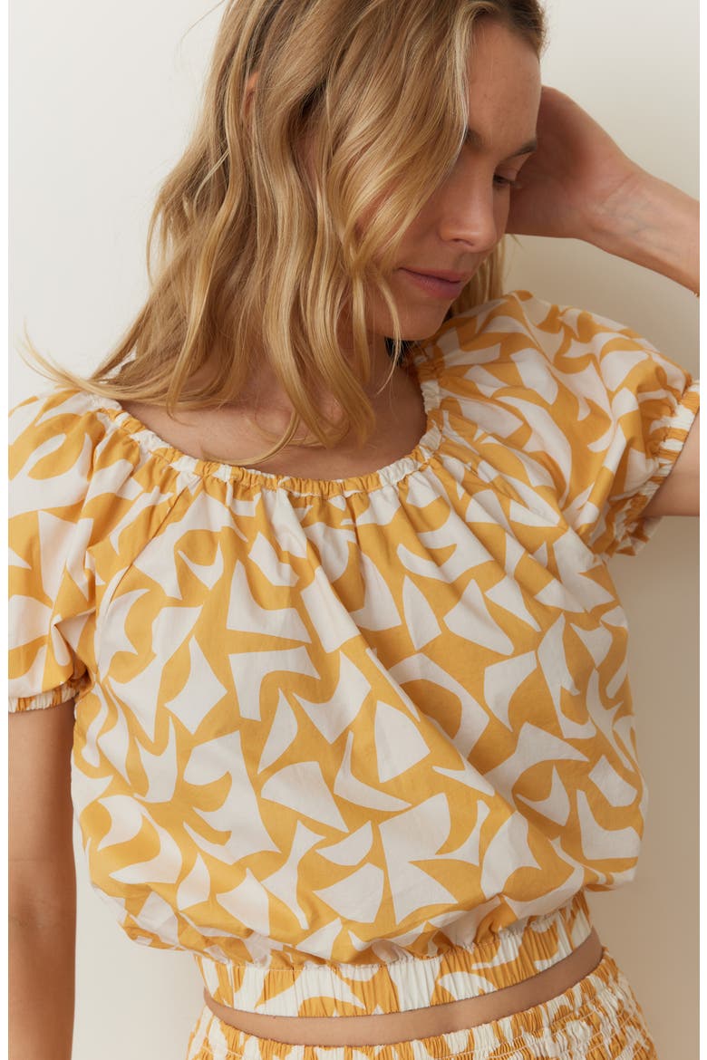 Marella Abstract Print Puff Sleeve Pima Cotton Crop Top, Alternate, color, MARIGOLD GEO