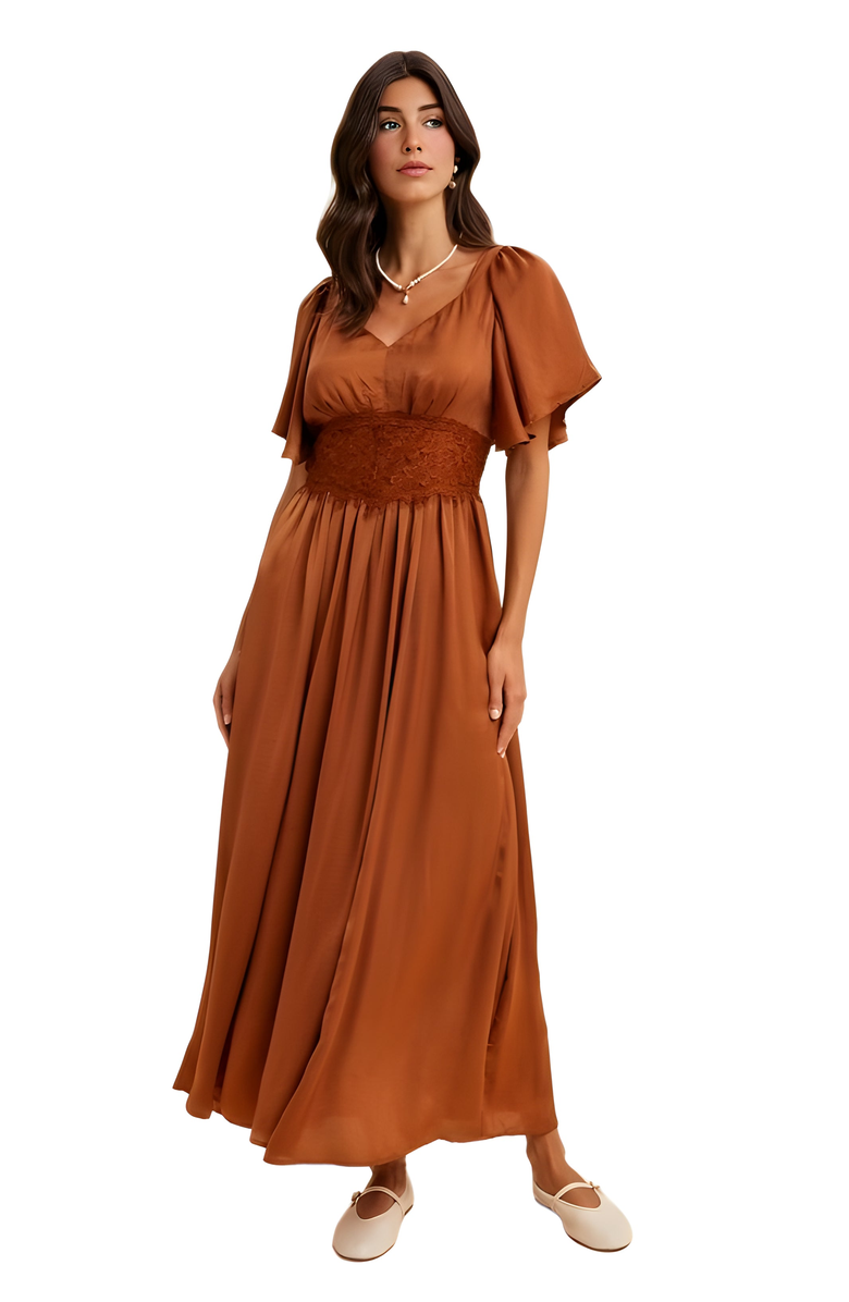 Knit and Lounge Lace Waist Flutter Sleeve Maxi Dress, Alternate, color, Rust