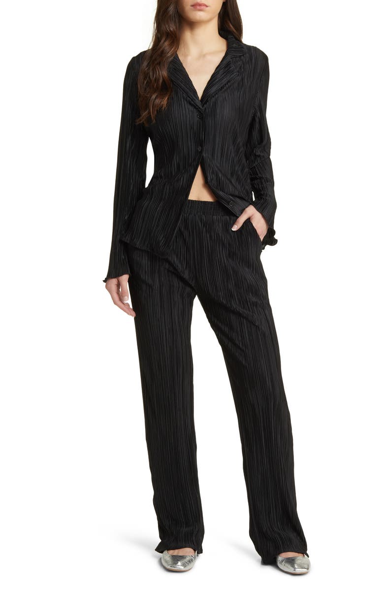 Dressed in Lala Notched Collar Plissé Top & High Waist Pants Set, Main, color, 