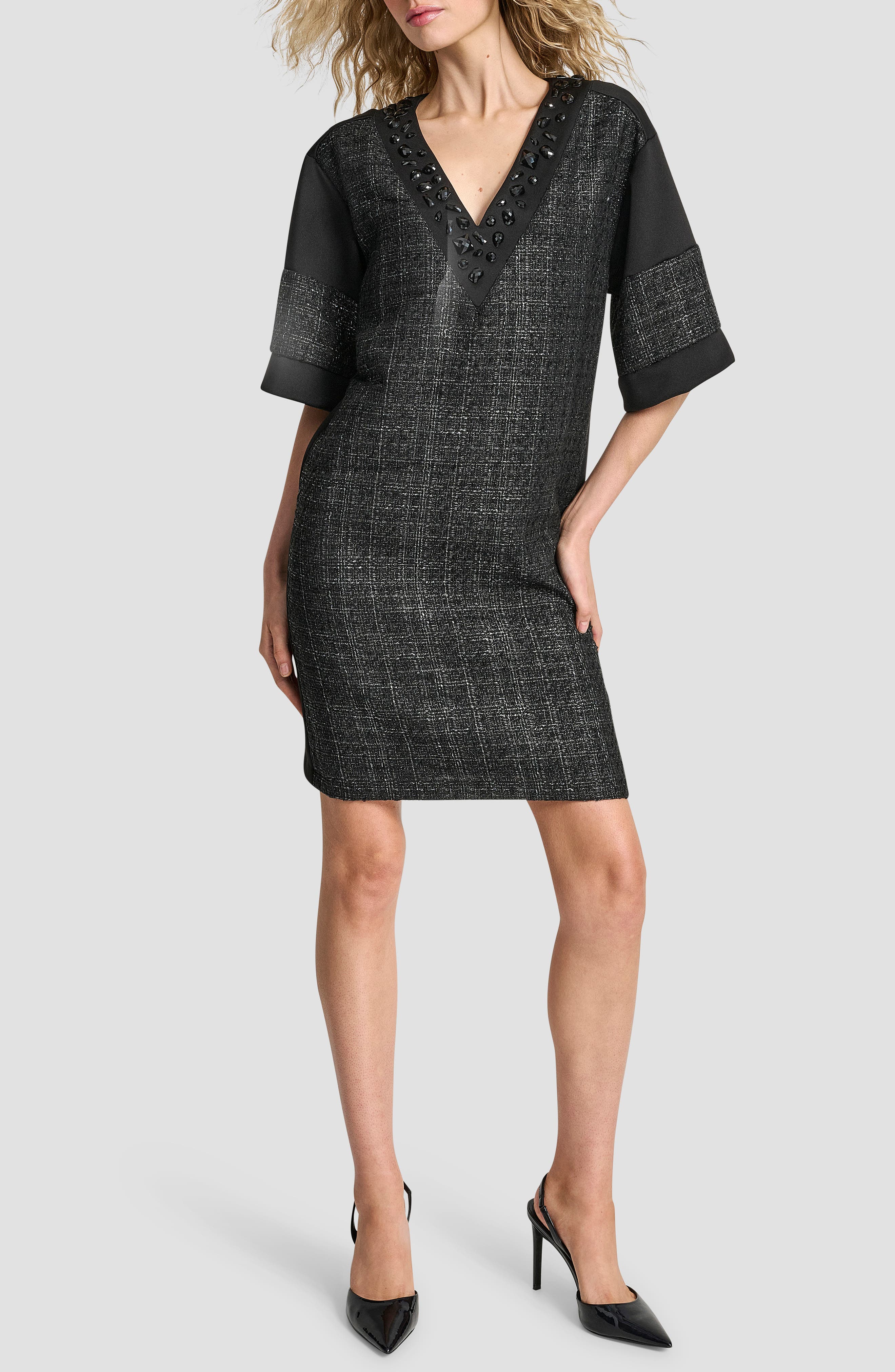 Embellished Neck Mixed Media Shift Dress