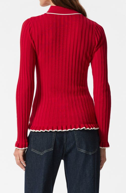 & Other Stories Tipped Ribbed Ruffle Trim Polo Sweater In Red