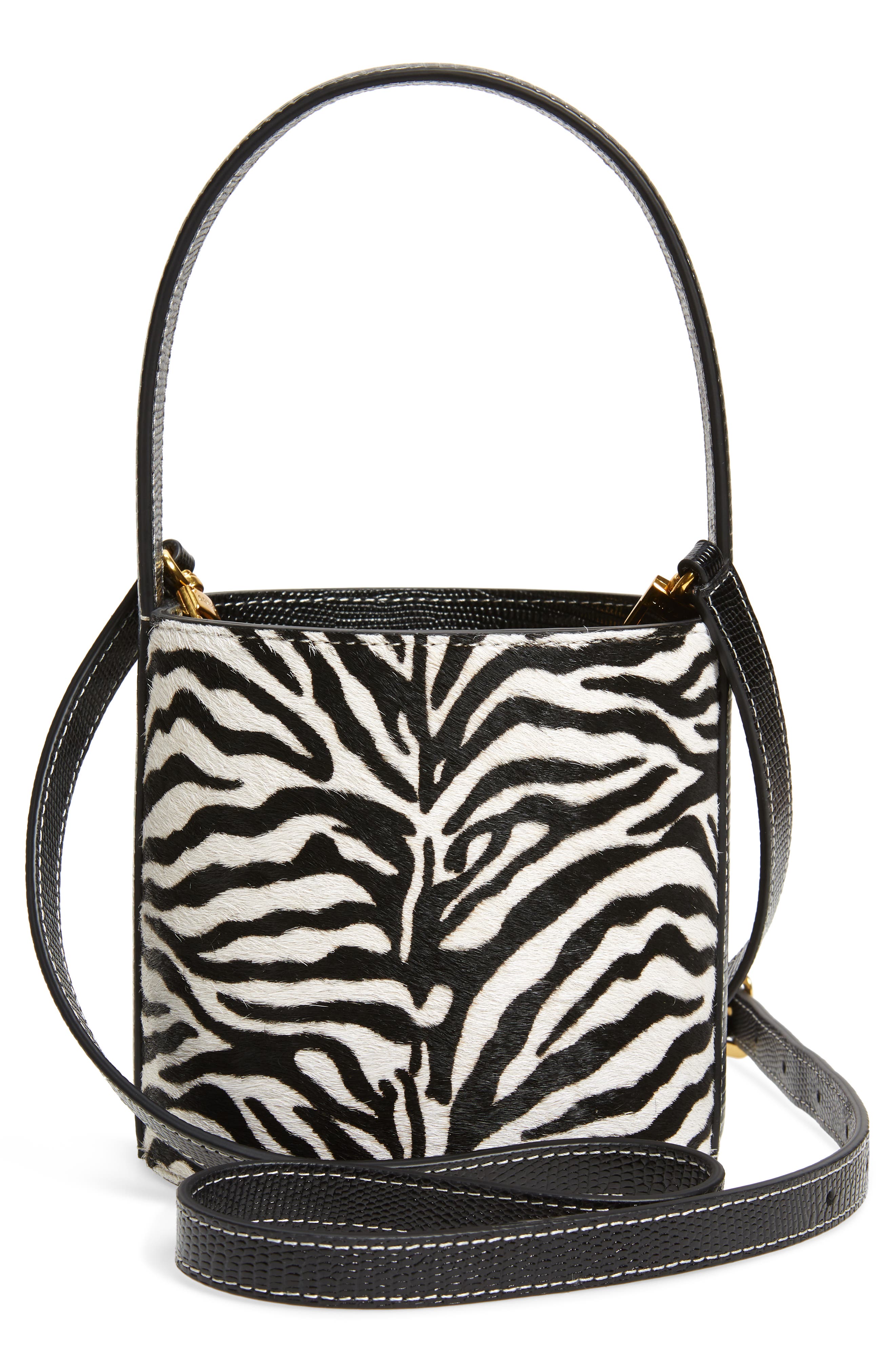 STAUD Mini Bissett Zebra Calf Hair Bucket Bag, Alternate, color, 