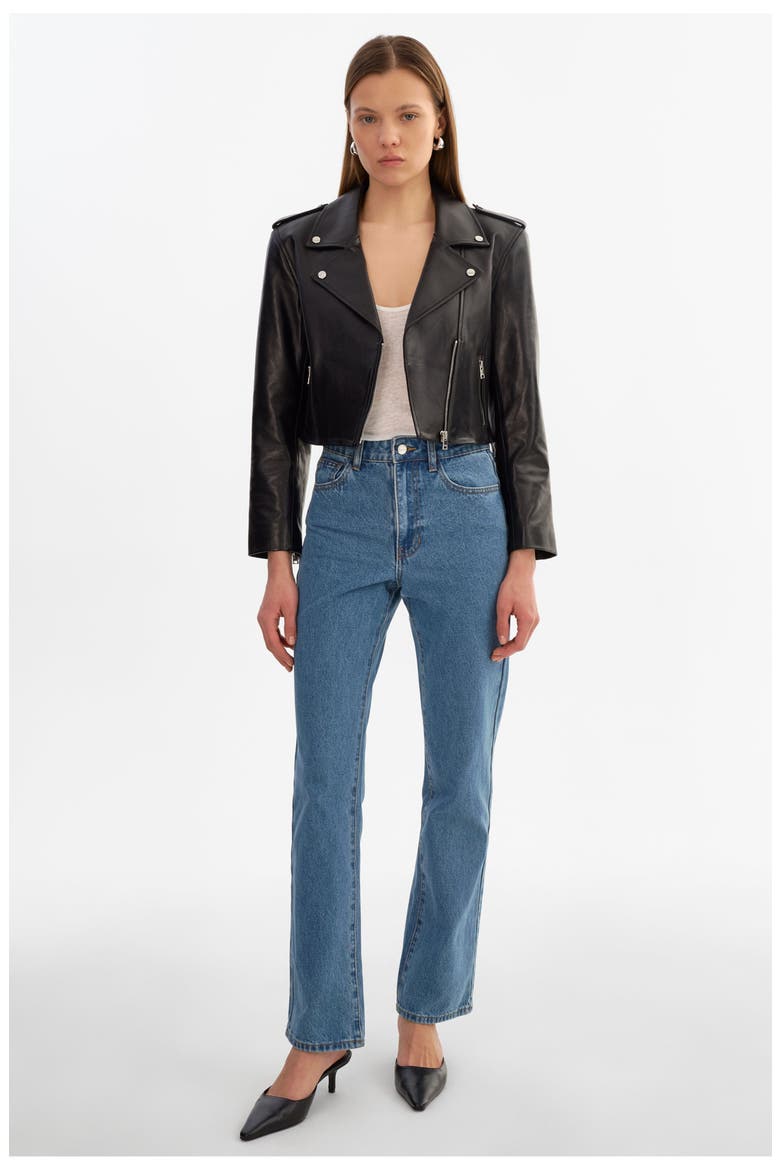 Denalda | Leather Cropped Biker Jacket, Alternate, color, Black