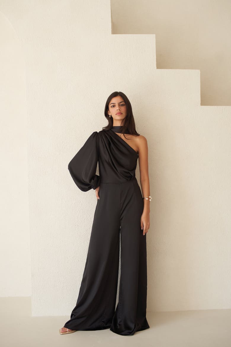 Amalia One Sleeve Satin Jumpsuit, Alternate, color, Black