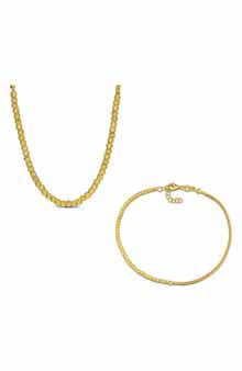 DELMAR 2.5mm Faceted Bead & 1.7mm Wheat Chain Necklace & Bracelet Set