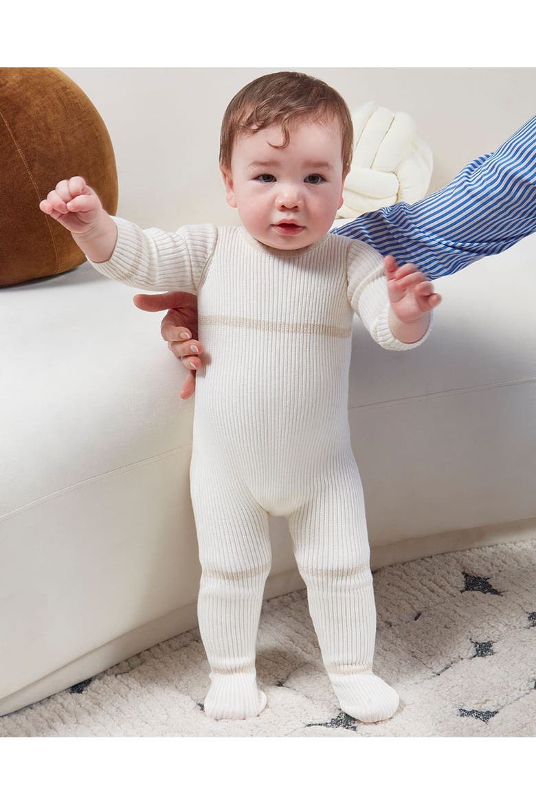 Baby Gold Lurex Trimmed Ribbed Cotton Footie, Alternate, color, Winter White