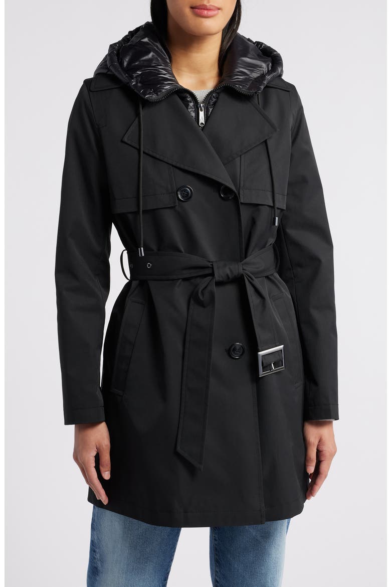 Double Breasted Trench Coat with Removable Hooded Bib, Main, color, BLACK