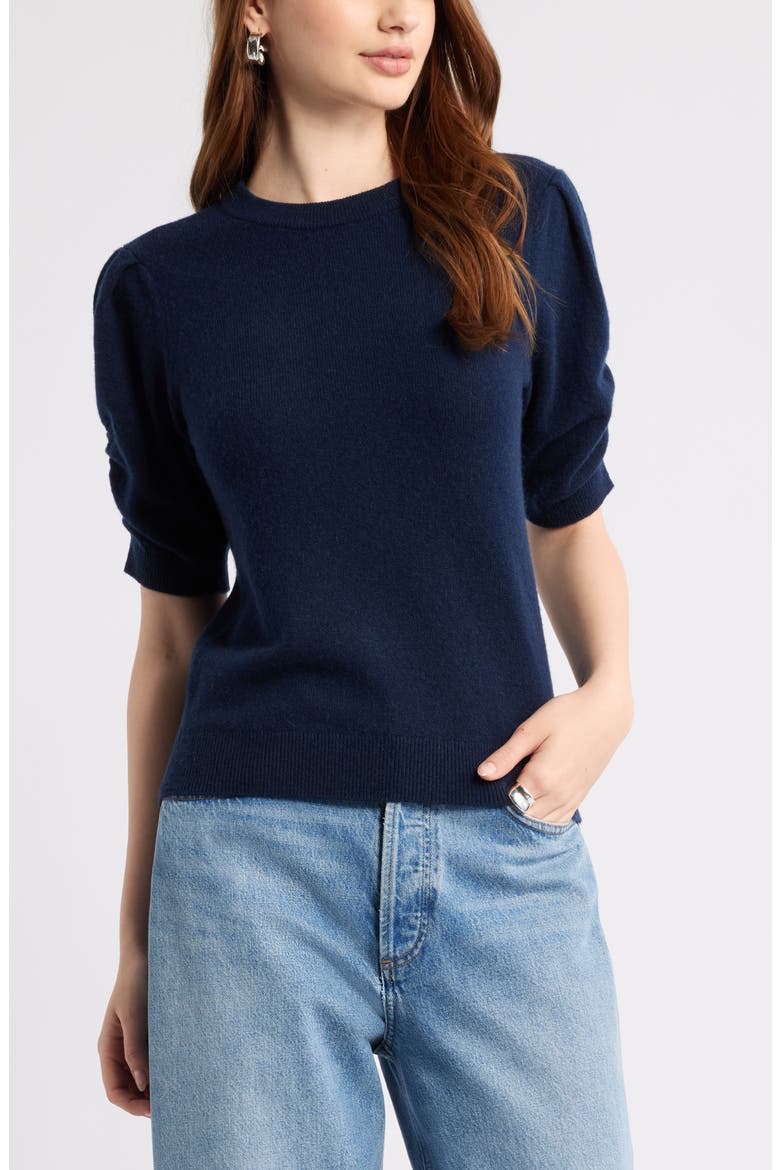 Ruched Short Sleeve Cashmere Sweater, Main, color, NAVY NIGHT