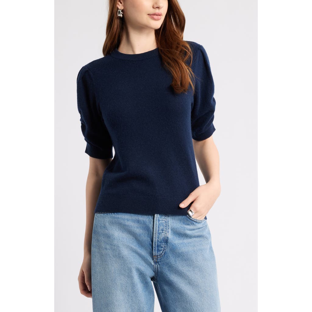 Nordstrom Ruched Short Sleeve Cashmere Sweater In Blue