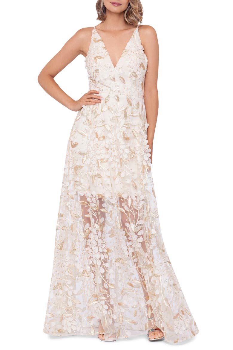 Xscape 3D Floral V-Neck Gown, Main, color, CHAMPAGNE