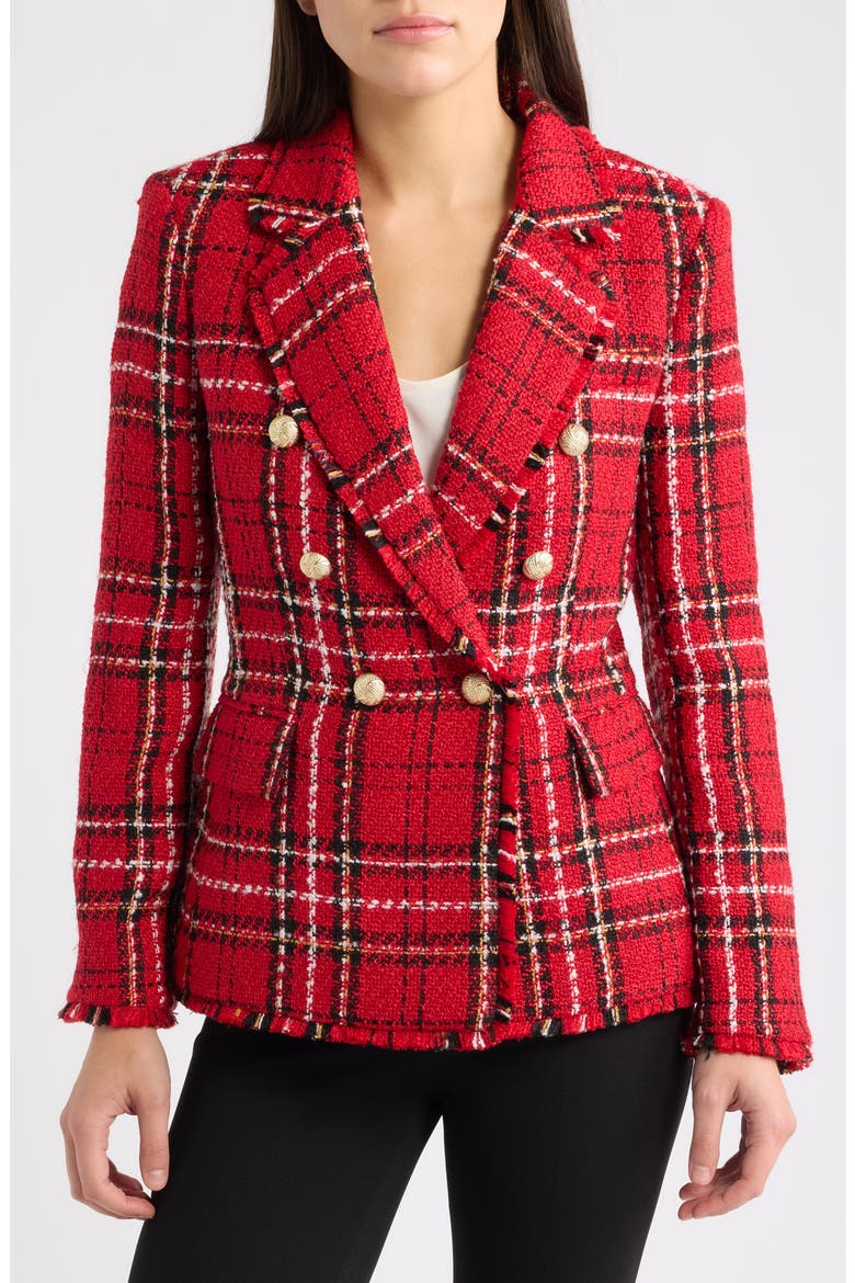 Plaid Fringe Trim Blazer, Alternate, color, LIPSTICK M