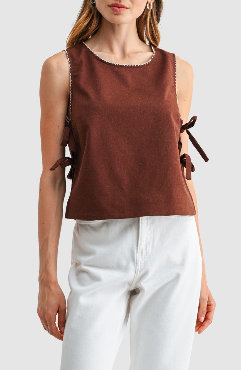 All in Favor Side Tie Cotton & Linen Shell, Main, color, Chocolate Oatmeal