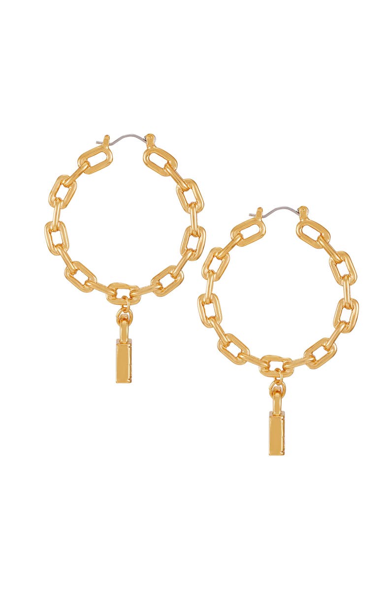 True Religion Gold Chain Hoop Earrings with Padlock Charm, Alternate, color, Goldtone