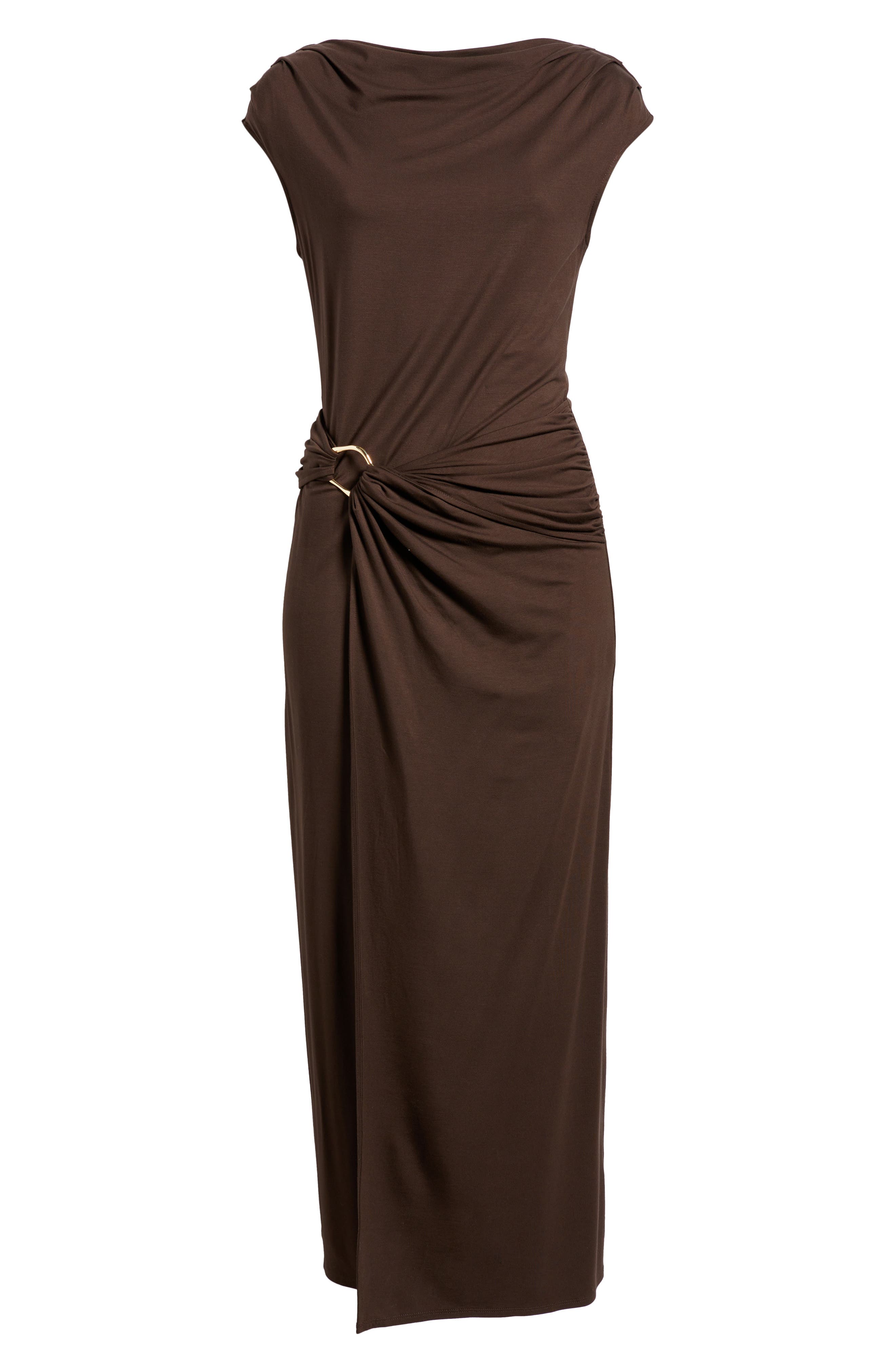 Nordstrom Belt Detail Side Ruched Dress In Brown