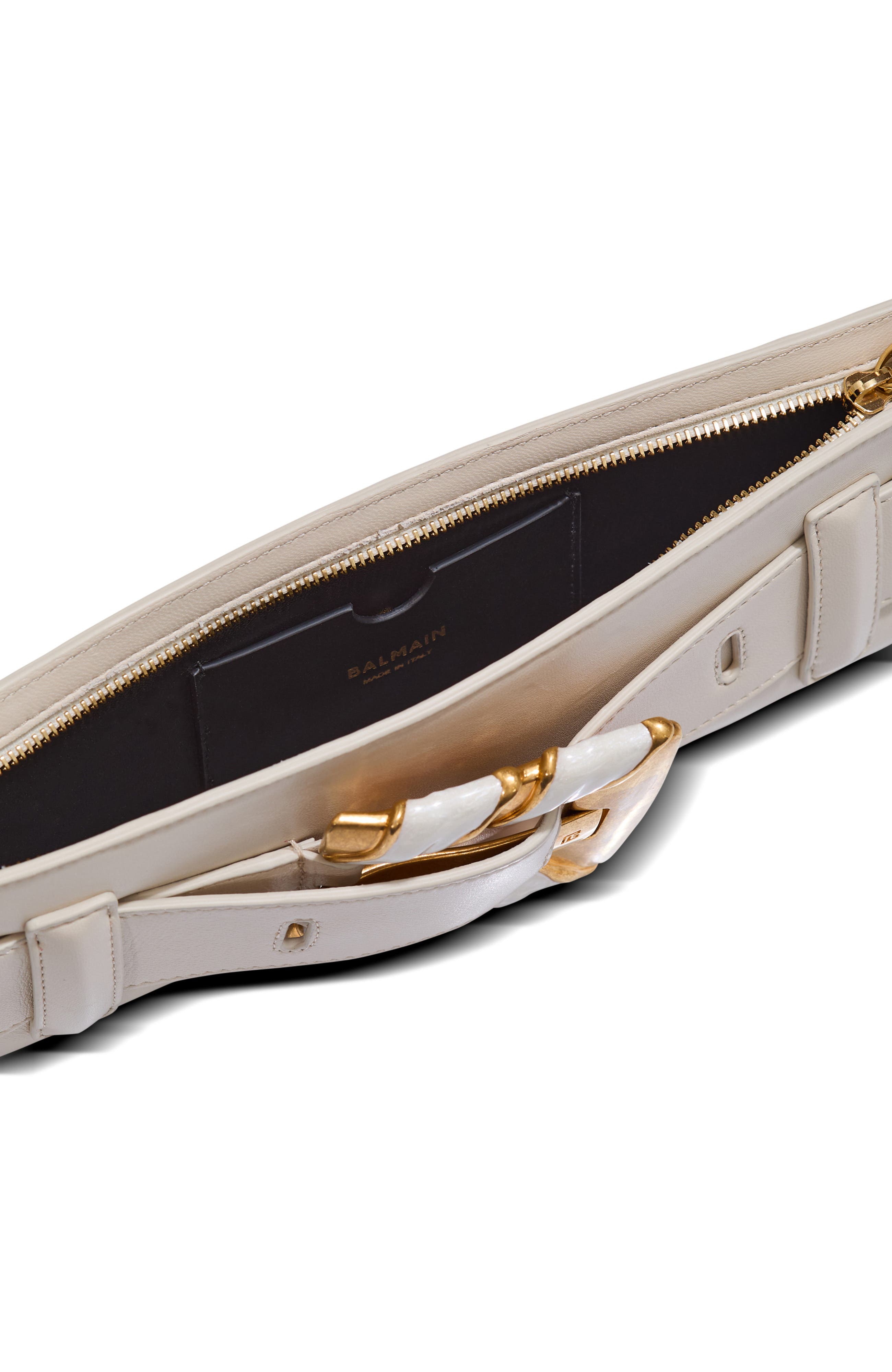 Balmain Anthem lambskin and enamel clutch, Alternate, color, Beige