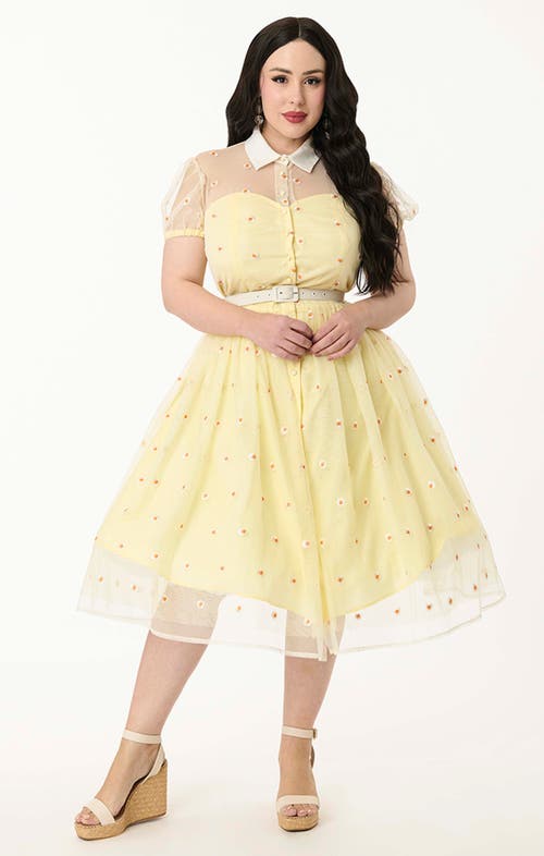 Unique Vintage Plus Size 1950s Short Sleeve Collared Hollie Swing Dress In Yellow