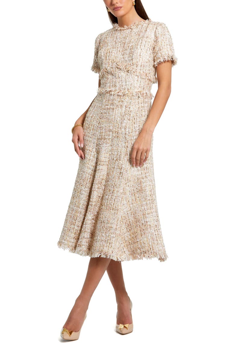 Boucle Short Sleeve A Line Midi Dress, Main, color, Blush