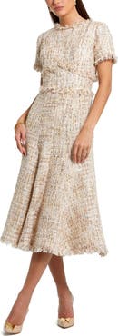 Mac Duggal Boucle Short Sleeve A Line Midi Dress
