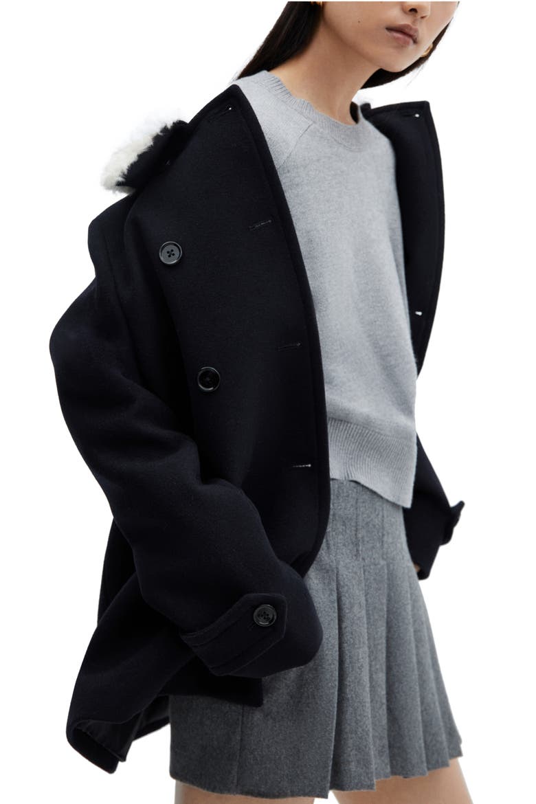 Faux Fur Collar Double Breasted Coat, Alternate, color, DARK NAVY