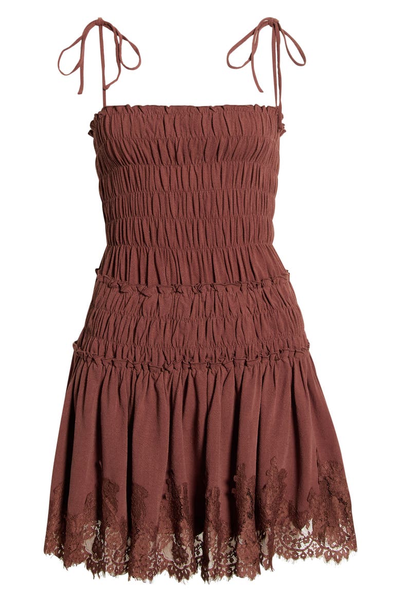 Shirred Tie Shoulder Lace Trim Minidress, Alternate, color, BROWN