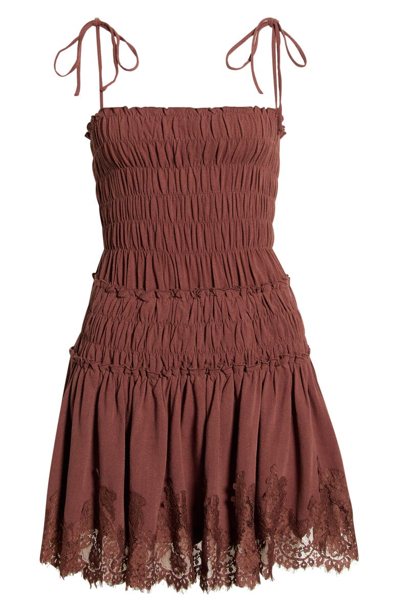 All in Favor Shirred Tie Shoulder Lace Trim Minidress, Main, color, Brown