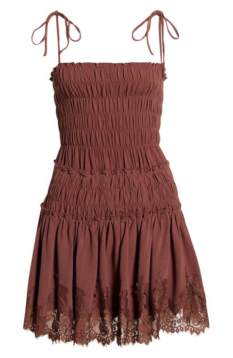 Shirred Tie Shoulder Lace Trim Minidress