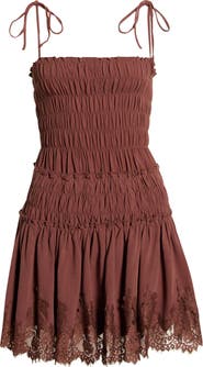 All in Favor Shirred Tie Shoulder Lace Trim Minidress
