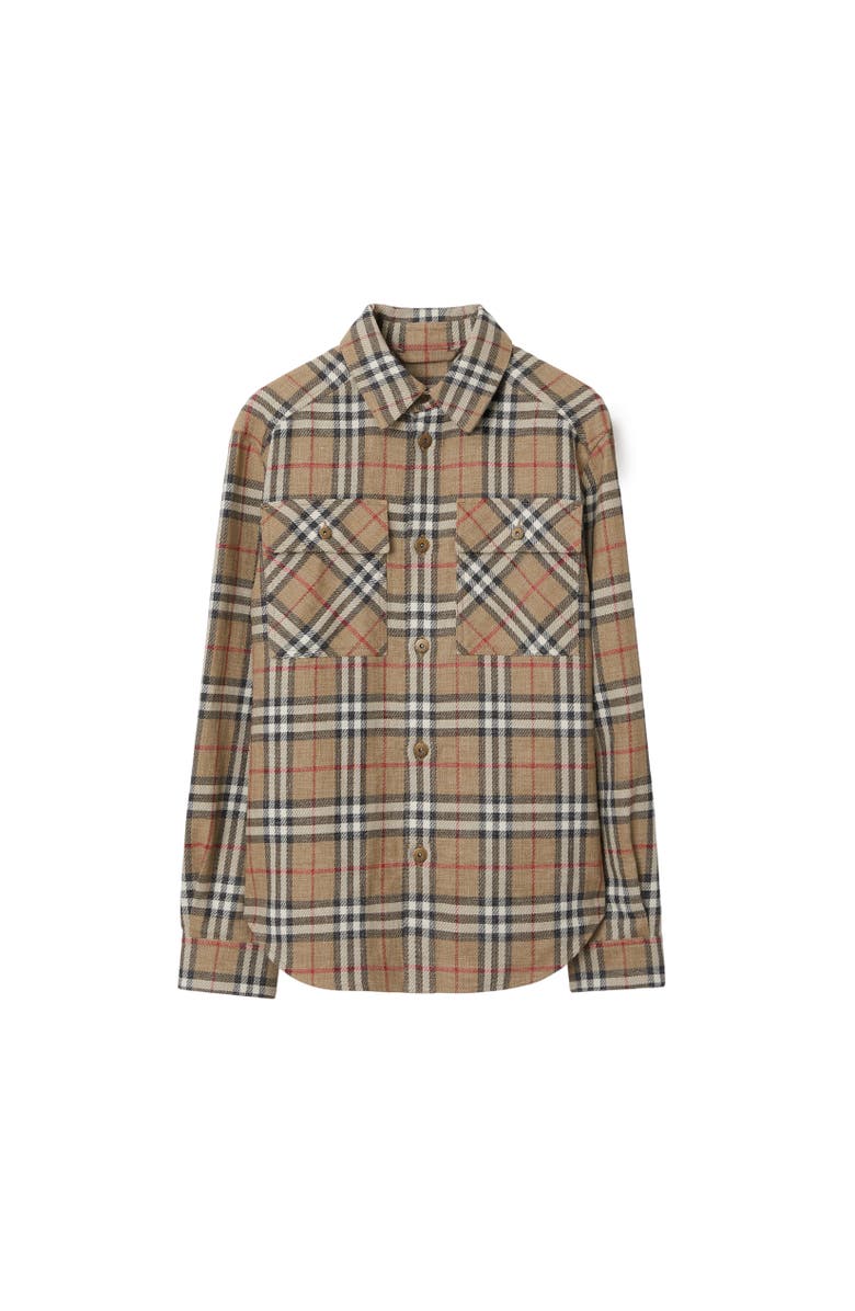 Burberry Oversized Fit Check Cotton Linen Shirt, Alternate, color, Nut