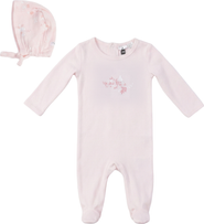 Little Fragile Girl Bird & Floral Chest Detail Bonnet Romper Set