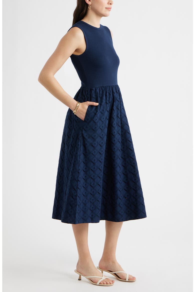 Mixed Media Midi Dress, Alternate, color, NAVY STILL