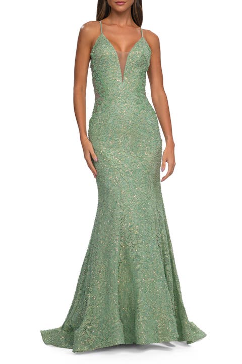 Mermaid Beaded Lace Prom Dress with Illusion Sides