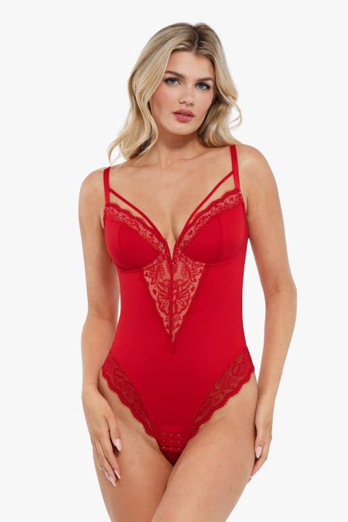 Popilush Shapewear Strappy Tummy Control Lace Inset Bodysuit In Chili Red