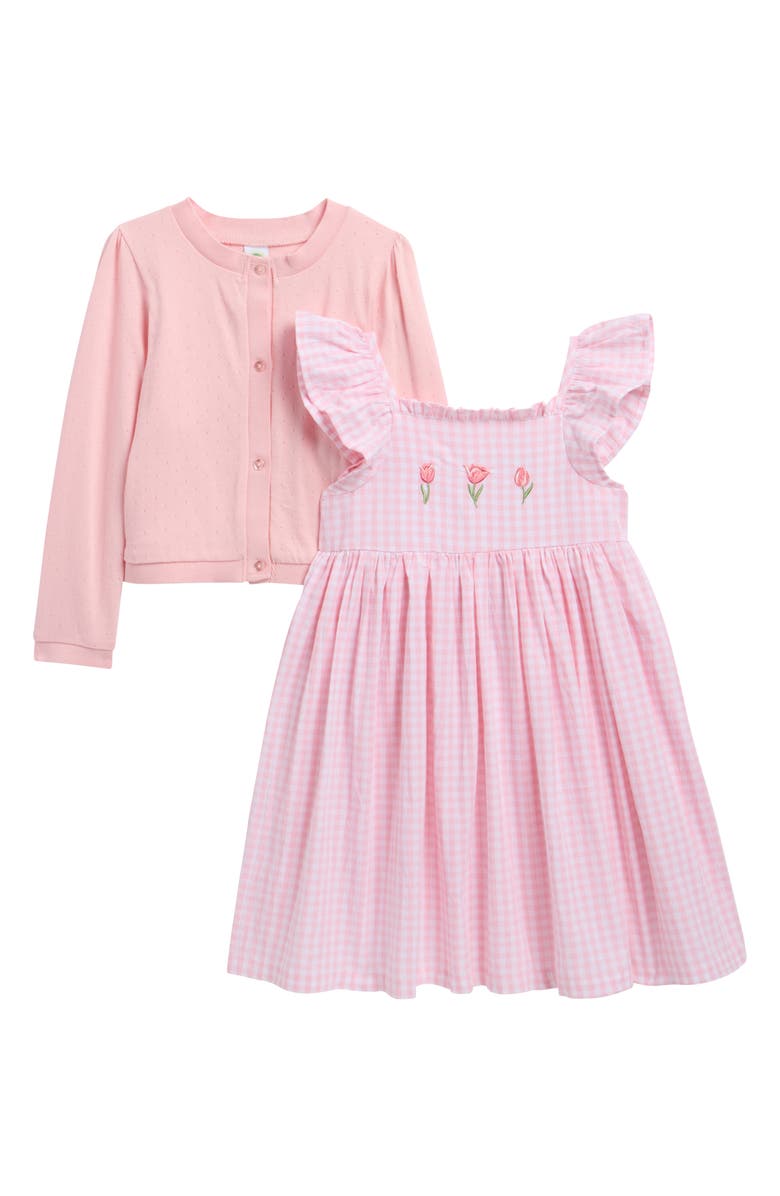 Little Me Tulip Sleeve Dress & Cardigan Set, Main, color, Pink