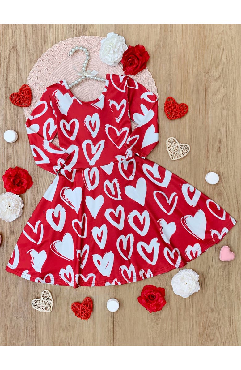Mia Belle Girls Radiant Heart Twirly Long Sleeve Skater Dress, Alternate, color, Red