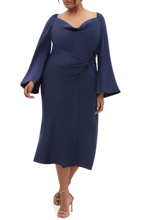 Adelina Long Sleeve Satin Midi Dress (Plus)