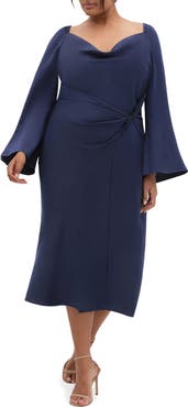 City Chic Adelina Long Sleeve Satin Midi Dress