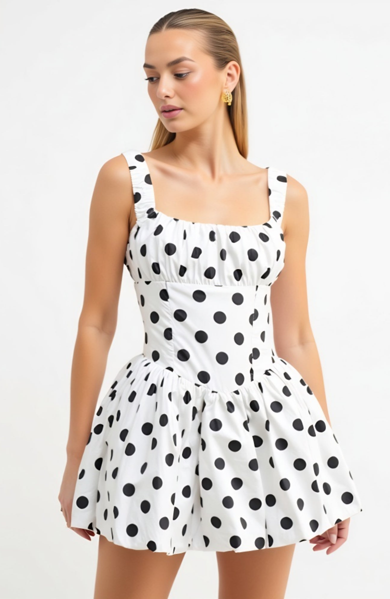 Modenaire Polka Dot Corset Drop Waist Mini Dress, Alternate, color, White / Black Polka Dot