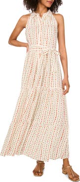 Vince Camuto Print Tie Waist Sleeveless Maxi Shirtdress