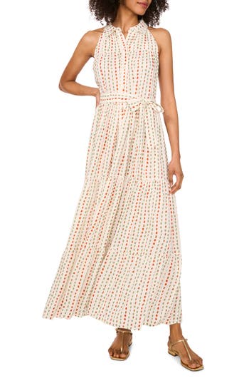 Two By Vince Camuto Print Tie Waist Sleeveless Maxi Shirtdress In Brown