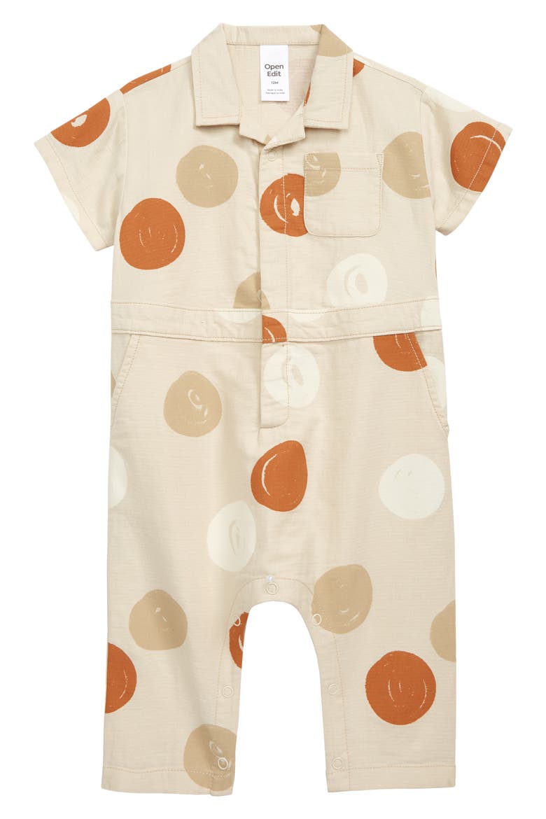 Print Polo Romper, Main, color, BEIGE RAINY DAY DOODLE DOTS