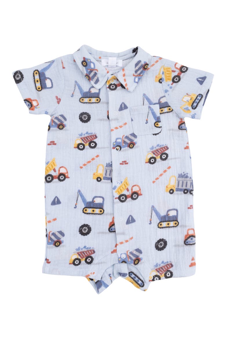 Crayon Construction Organic Cotton Muslin Polo Romper, Main, color, BLUE