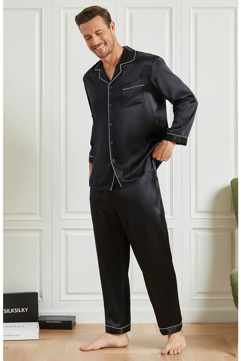 Silk Men's Lapel Long Sleeve Pajamas Set, Alternate, color, Black
