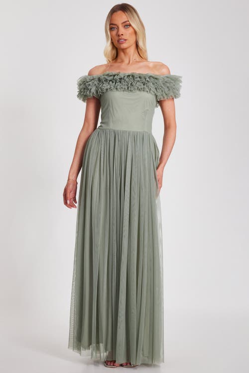 Quiz Mesh Ruffle Bardot Maxi Dress In Sage