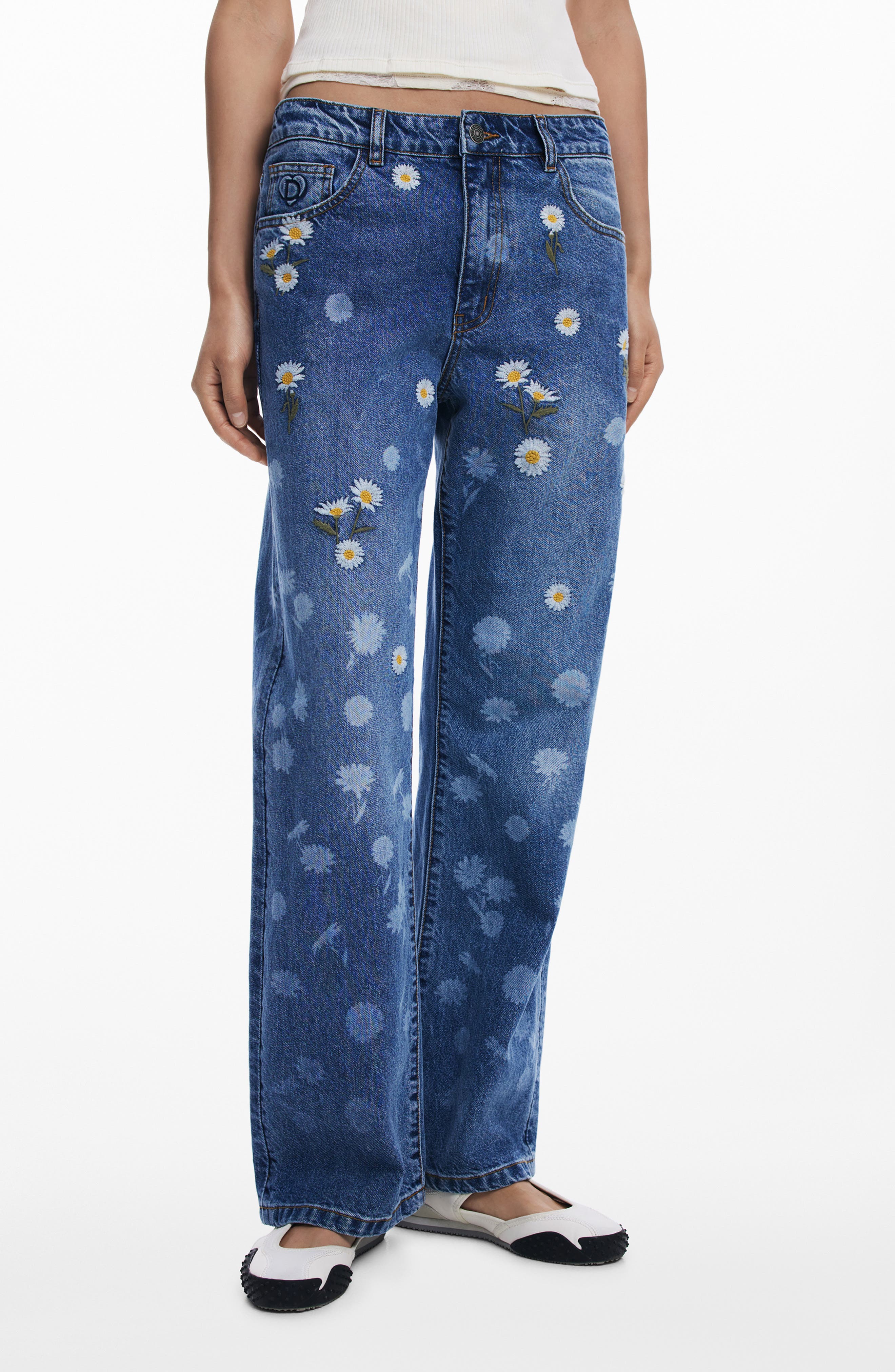 Daisy Embroidered Mid Rise Wide Leg Jeans